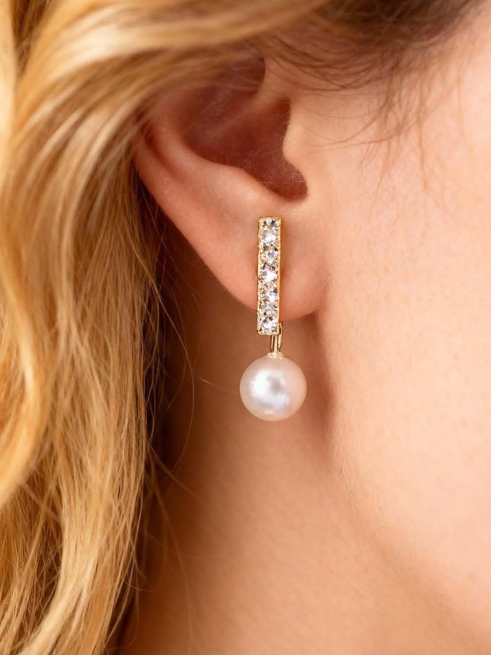 Anthropologie Gold Tone Pearl Drop Earrings with Clear Stones